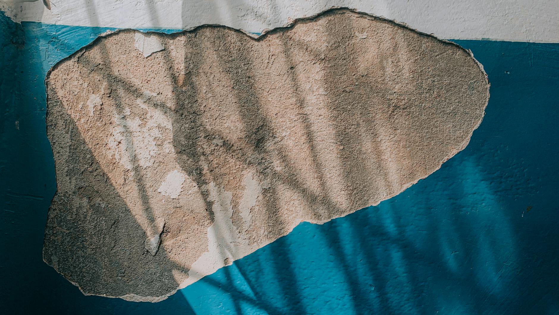 Detailed view of a wall with peeling blue paint and exposed plaster, showing textures and shadows.