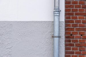 Close-up of a brick wall with a metal drainpipe against a textured white wall.